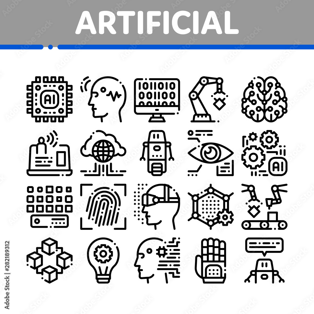 Artificial Intelligence Vector Thin Icons Set. Artificial Intelligence Details Binary Code, Robot, Light Bulb Linear Pictograms. Fingerprint, Microchip, Assembly Line Black Contour Illustrations Artificial Intelligence Vector Thin Icons Set. Artificial Intelligence Details Binary Code, Robot, Light Bulb Linear Pictograms. Fingerprint, Microchip, Assembly Line Black Contour Illustrations