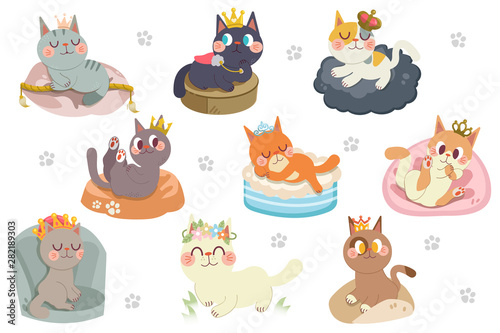 Cute cartoon cats character with crowns pack