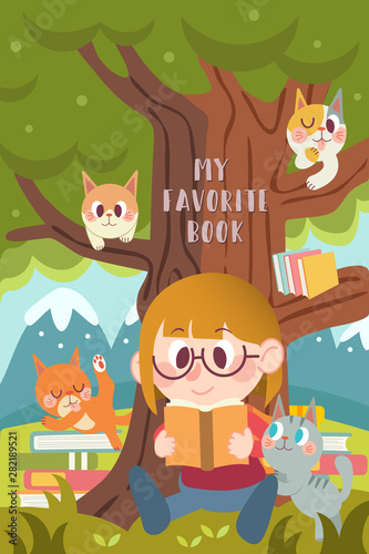 Reading with a cat illustration