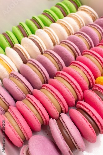 Bright colored macaroons. Lots of pieces. Side view