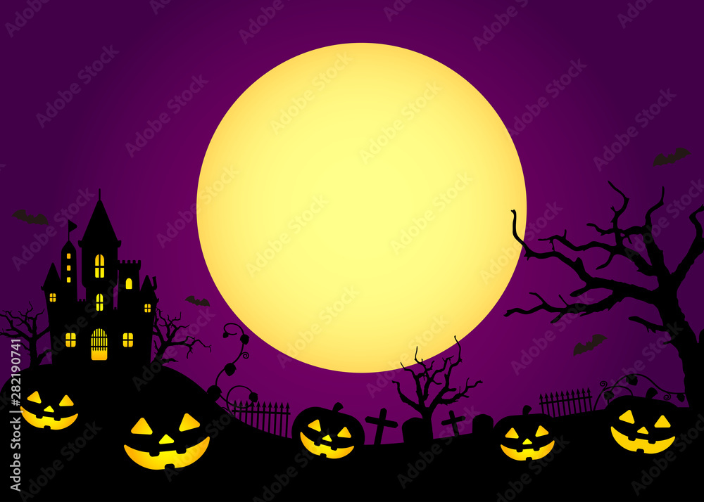 Halloween silhouette background vector illustration. Poster (flyer) template design (text space) / purple