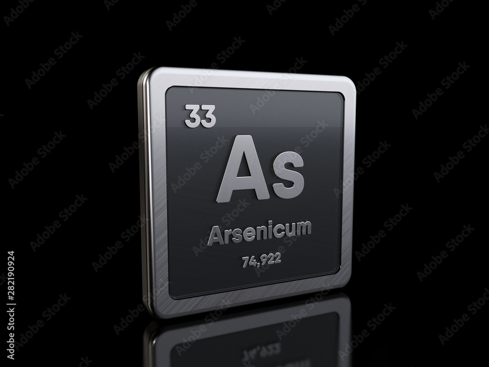 Arsenic As, element symbol from periodic table series. 3D rendering isolated on black background Arsenic As, element symbol from periodic table series. 3D rendering isolated on black background