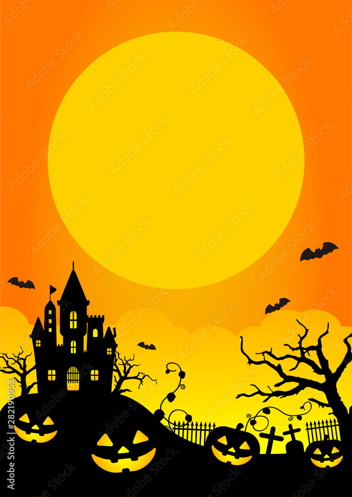 Halloween silhouette background vector illustration. Poster (flyer) template design (text space) / orange