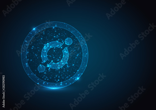 ICON cryptocurrency blockchain. Polygonal business, money, currency, cash, circle concept. Abstract, digital, wireframe low poly mesh on blue background. 