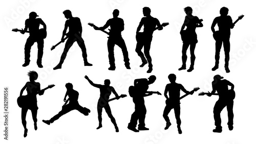 A set of guitarist musicians in detailed silhouette playing their guitars. photo