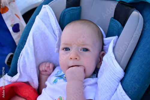 Newborn baby. Blonde boy with blue eyes, ten weeks.