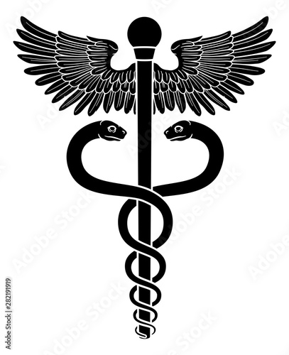 A caduceus, often used as a doctor medical symbol interchangeably with the Rod of Asclepius or Aesculapius. Features two snakes curled around a staff with wings.