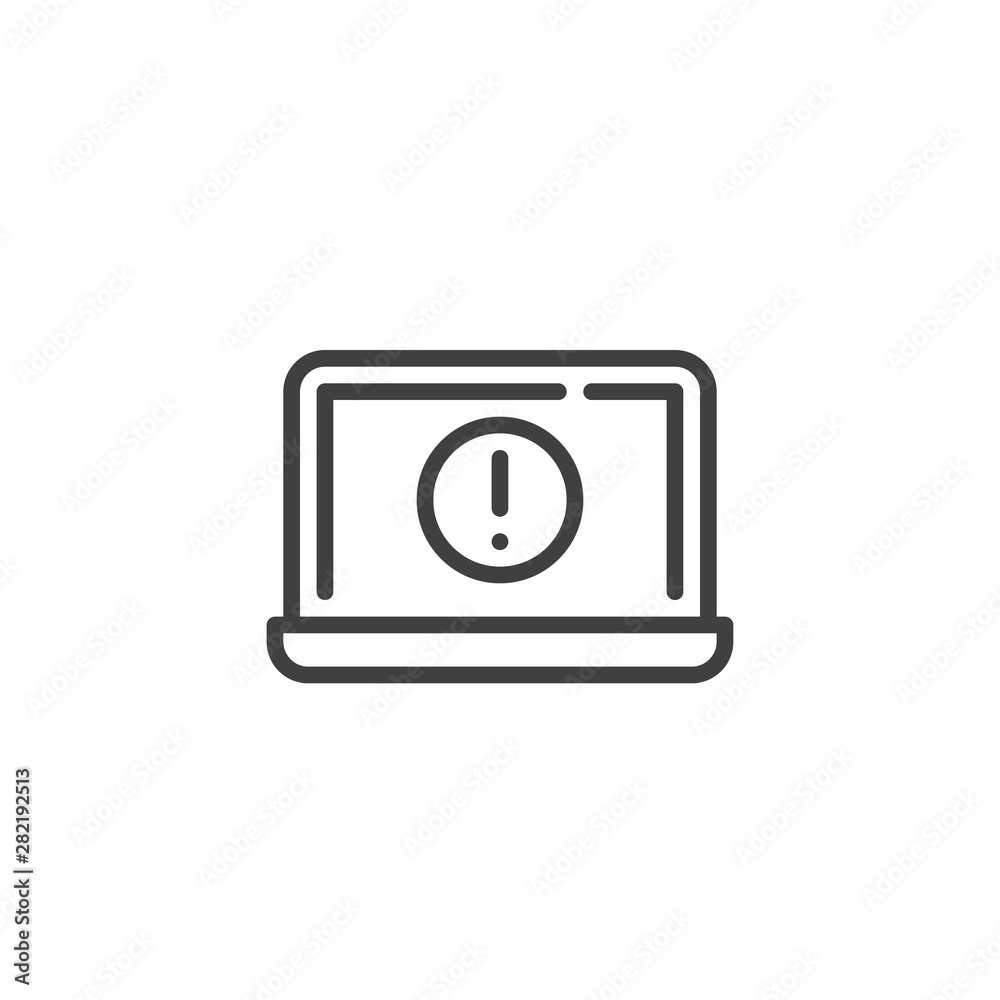 Laptop screen error notice line icon. linear style sign for mobile concept and web design. Computer warning notification outline vector icon. Symbol, logo illustration. Vector graphics Laptop screen error notice line icon. linear style sign for mobile concept and web design. Computer warning notification outline vector icon. Symbol, logo illustration. Vector graphics