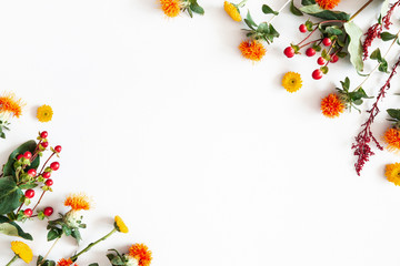 Autumn composition. Frame made of colorful flowers on white background. Autumn, fall concept. Flat lay, top view, copy space