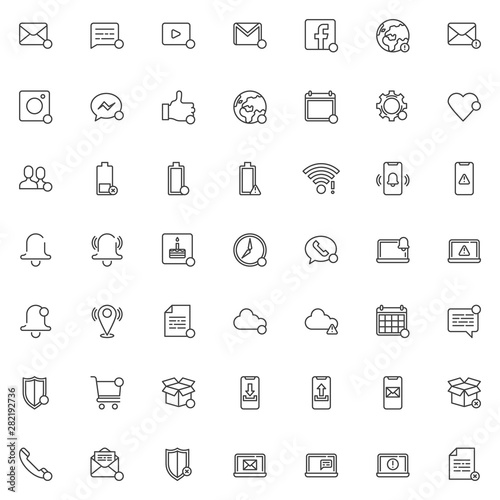 Notifications line icons set. linear style symbols collection, outline signs pack. vector graphics. Set includes icons as new message notice, phone call, calendar reminder, friend request, Low battery © alekseyvanin