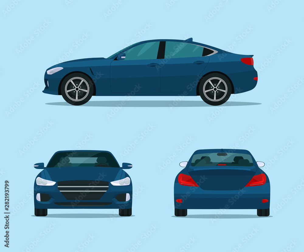 Blue car sport sedan isolated. Sedan with side view, back view and front view.  Vector flat style illustration.