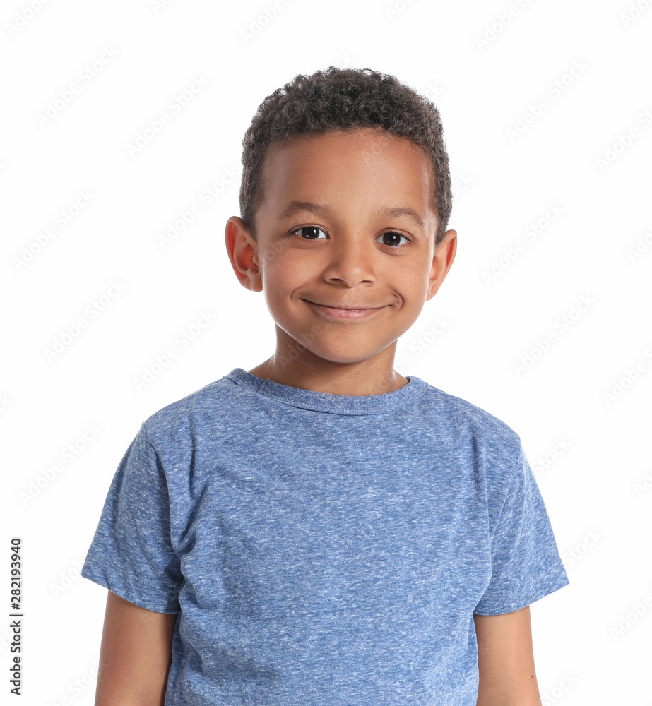 Cute African-American boy on white background - obrazy, fototapety, plakaty 