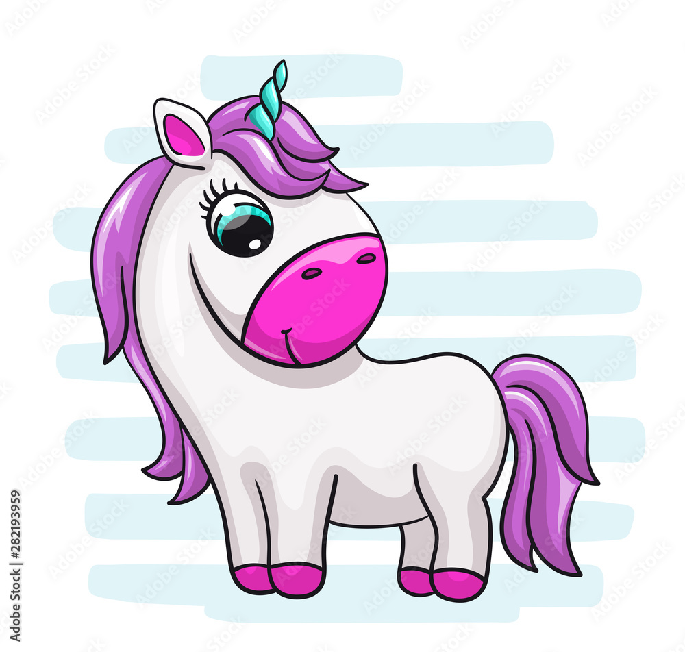 Fototapeta premium Unicorn baby cute print. Sweet tiny pony. Cool animal on striped background