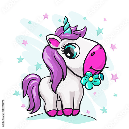 Unicorn baby cute print. Sweet tiny pony. Cool animal with star and flower