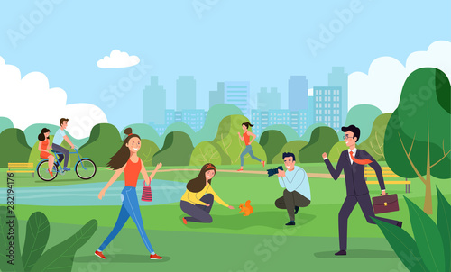 Vector summertime flat illustration. People in the city park.