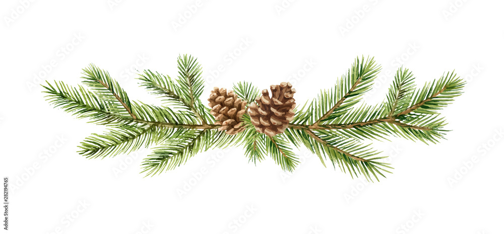 Watercolor vector Christmas banner with fir branches and place for text.