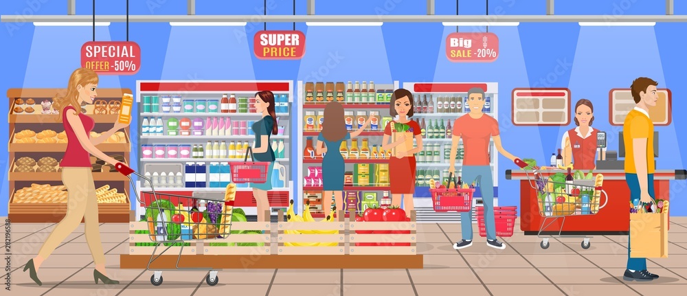 People shopping at supermarket and buying products, freezer, shelves and checkout operator at work, grocery and consumerism concept. Vector illustration in flat style