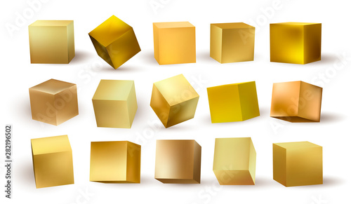 Set of cube in gold metallic. Collection square realistic geometric shapes. Golden decorative design elements. 3d cube shaped yellow and gold color. Vector illustration. Isolated on white background.