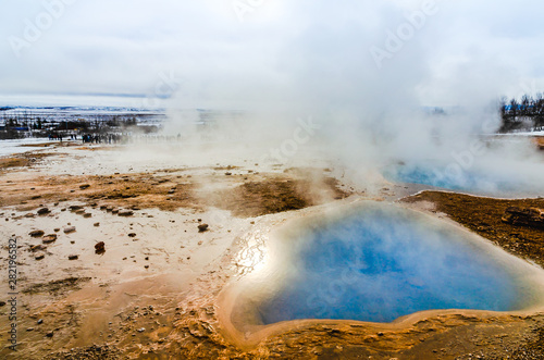 Steaming hot spring at Geysir hot spring area in Iceland