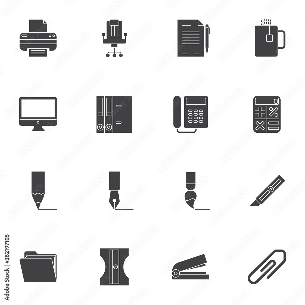 Office supplies vector icons set, modern solid symbol collection, filled style pictogram pack. Signs, logo illustration. Set includes icons as printer, chair, telephone fax, document folder, computer Office supplies vector icons set, modern solid symbol collection, filled style pictogram pack. Signs, logo illustration. Set includes icons as printer, chair, telephone fax, document folder, computer