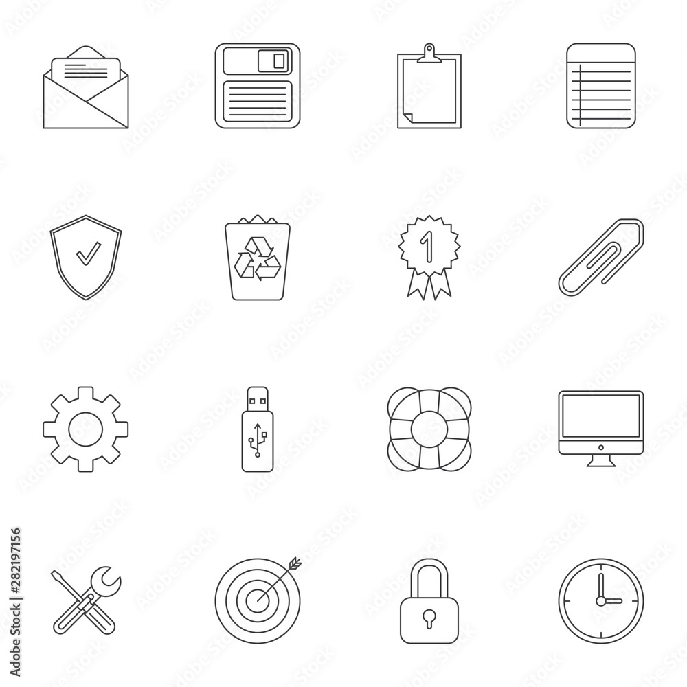 Fototapeta premium Office items line icons set. linear style symbols collection, outline signs pack. vector graphics. Set includes icons as diskette, trash bin, clock, computer monitor, guarantee certificate, to do list