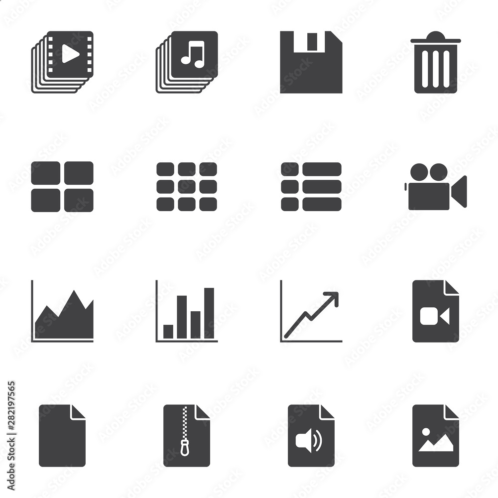 UI elements vector icons set, modern solid symbol collection, filled style pictogram pack. Signs, logo illustration. Set includes icons as music gallery, edit document, audio file records, trash bin