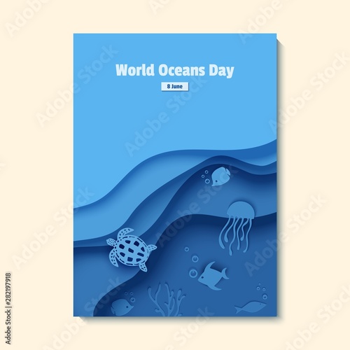 Paper cut butterflyfish, jellyfish, moonfish, turtle. Paper craft underwater ocean cave with fishes, coral reef, seabed in algae, waves. Diving concept, deep blue marine life. Vector sea wildlife