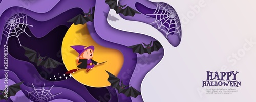 Happy Halloween 3d papercut layered design. Witch flies on broomstick. Moon, bats, spiderweb. Horizontal banner, flyer, poster with multilayered effect and place for text. Vector illustration