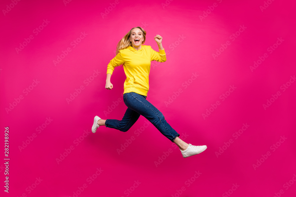 Full body photo of jumping high lady running sale shopping wear casual outfit isolated pink background Full body photo of jumping high lady running sale shopping wear casual outfit isolated pink background
