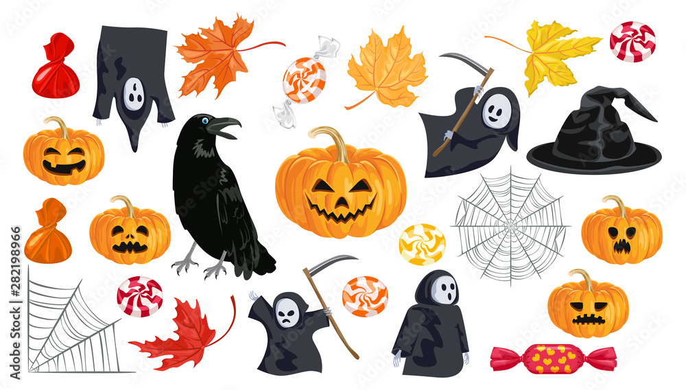 Set of Halloween icons isolated on white background. Collection of vector bright illustrations in cartoon flat style. Spider web, ghosts, pumpkin Jack, black raven, candy, autumn leaves