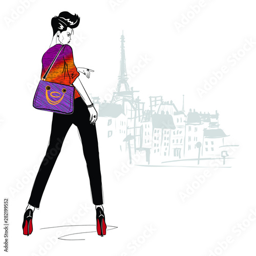 Fashion girl in sketch style on a white background. Vector illustration.
