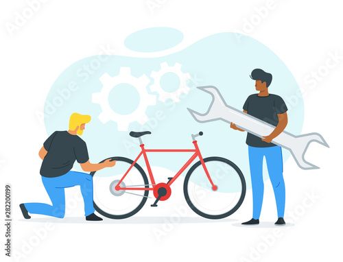 Friends fixing bicycle vector illustration