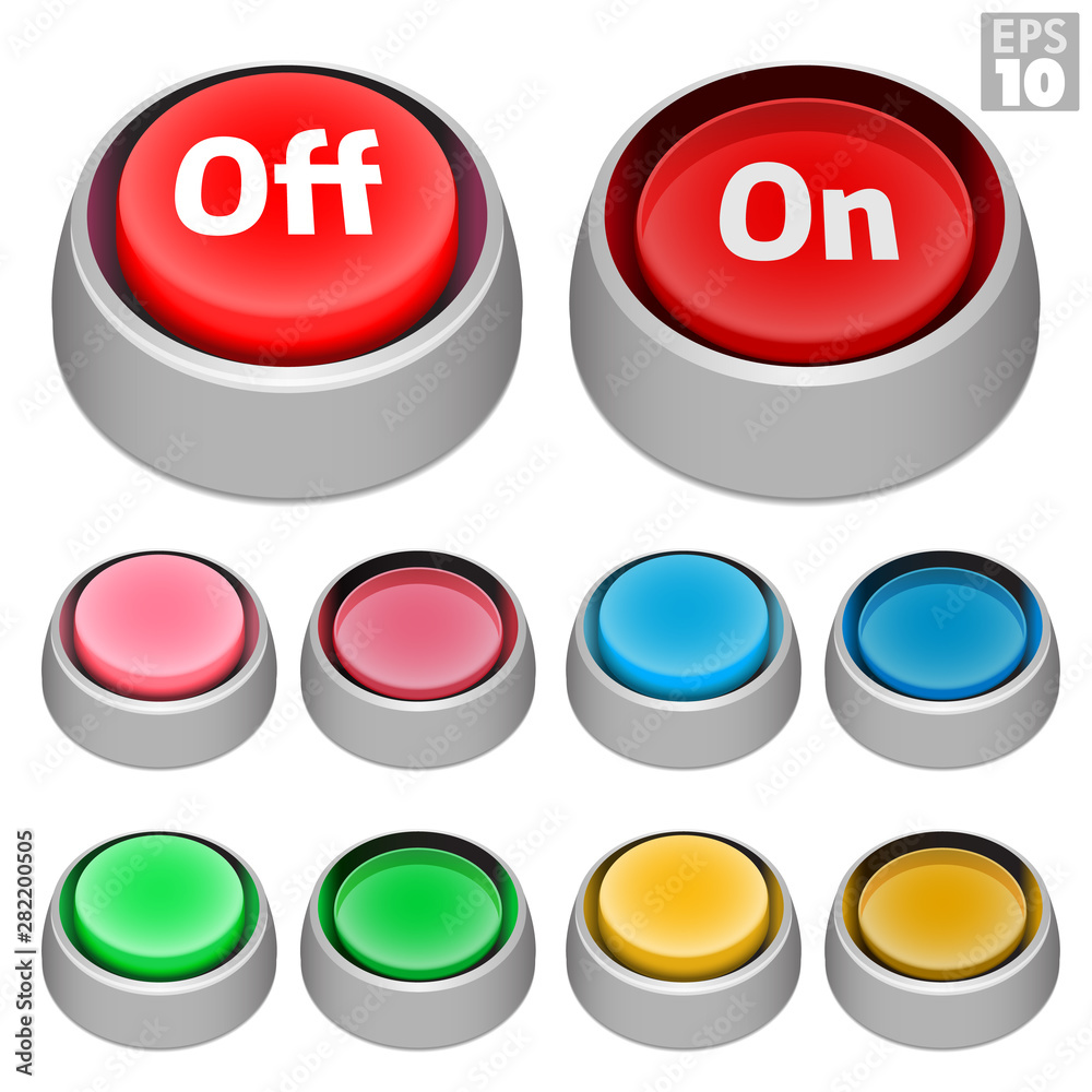 Push buttons with on off state and aluminum style mounting bezel, pressed and unpressed in various retro arcade colors. Push buttons with on off state and aluminum style mounting bezel, pressed and unpressed in various retro arcade colors.
