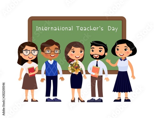 World teachers day greeting flat vector illustration. Teacher standing near blackboard in classroom character. Greeting on chalkboard. Pupils congratulate school staff with professional holiday