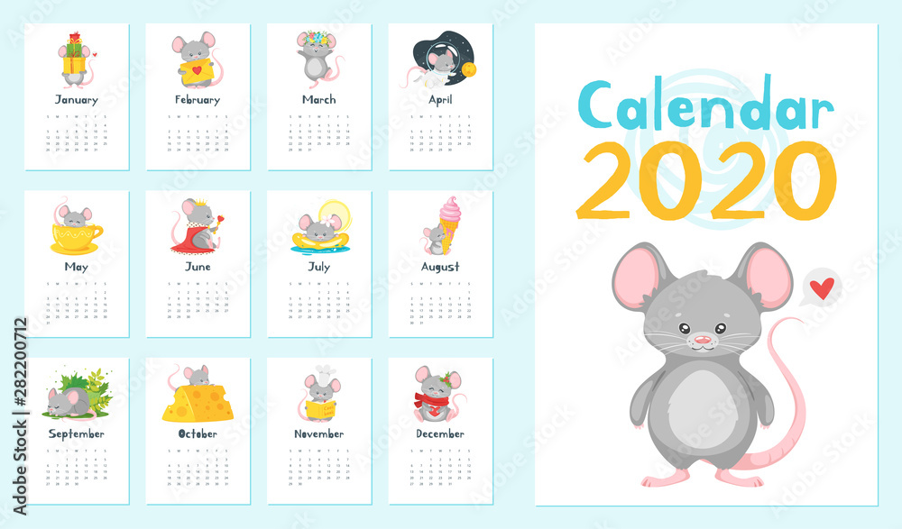Fototapeta premium Annual calendar vector illustrations set