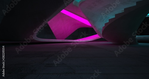 Abstract architectural concrete smooth interior of a minimalist house with color gradient neon lighting. 3D illustration and rendering.