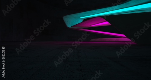 Abstract architectural concrete smooth interior of a minimalist house with color gradient neon lighting. 3D illustration and rendering.