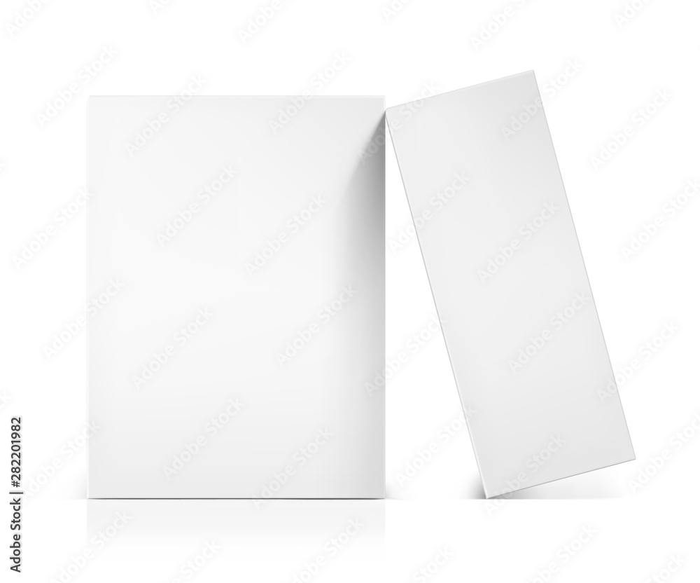 Realistic cardboard packaging box mockup. Front and side view. Vector illustration isolated on white background. Can be use for medicine, food, cosmetic and other. Ready for your presentation. EPS10. Realistic cardboard packaging box mockup. Front and side view. Vector illustration isolated on white background. Can be use for medicine, food, cosmetic and other. Ready for your presentation. EPS10.