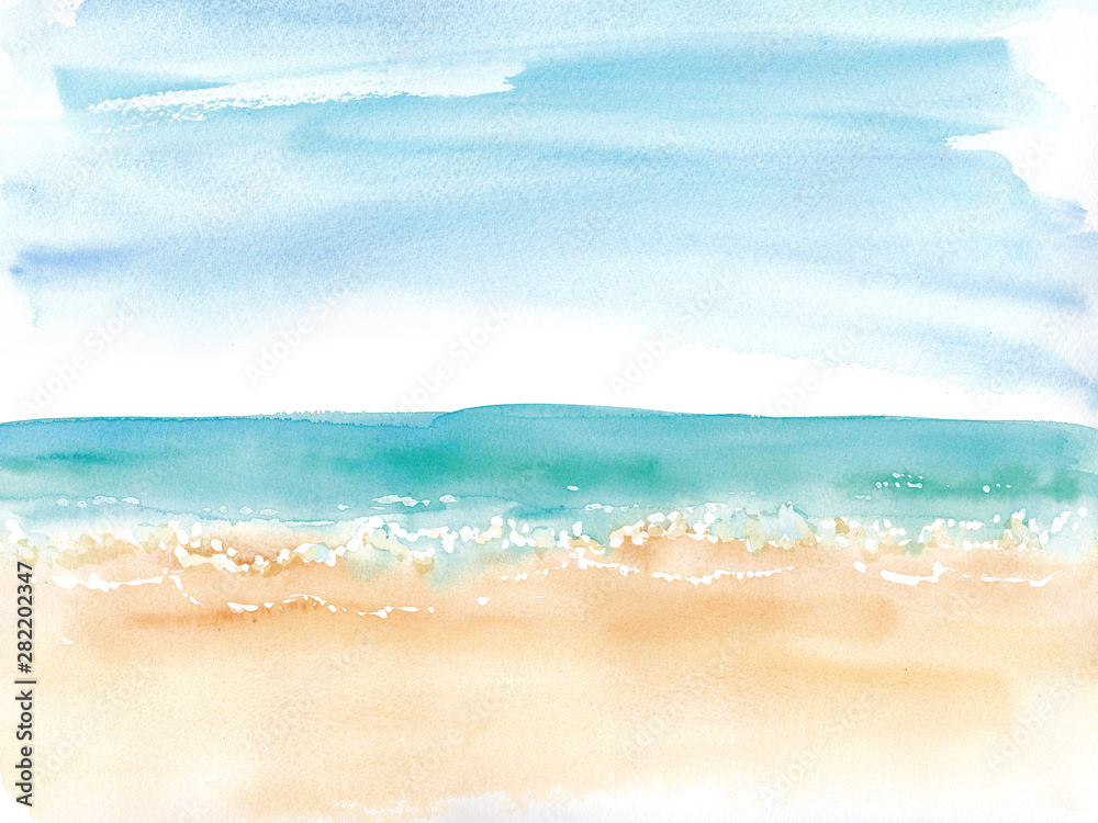 Obraz Plaża, horyzont i szorstki niebo, akwareli ilustracja