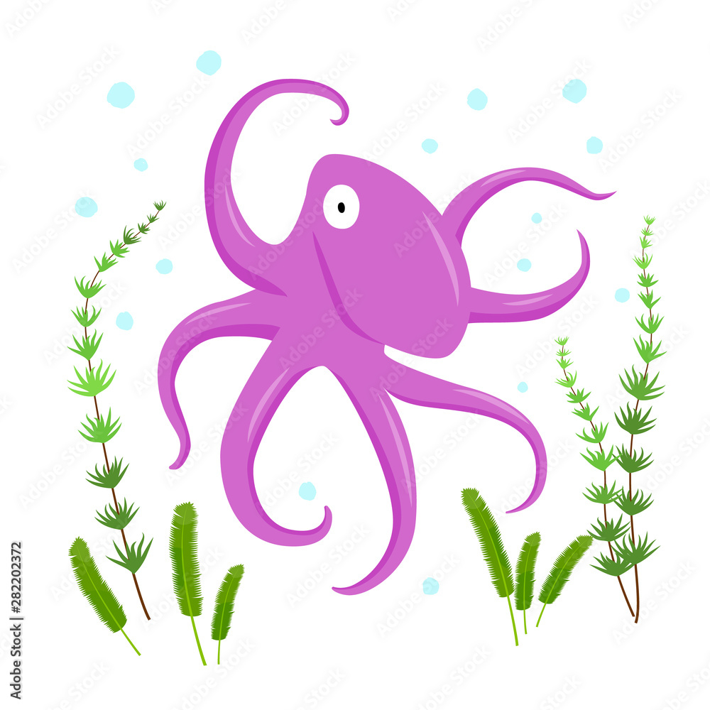 Obraz premium Purple octopus animal flat character isolated on white background. Cartoon poulpe for design, logo, background, card, print, sticker