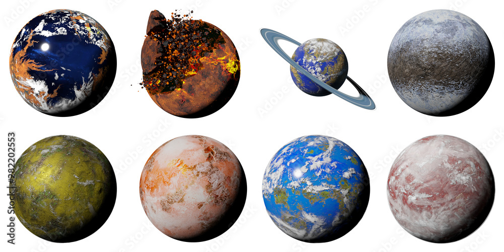 collection of alien planets isolated on white background, nearby exoplanets