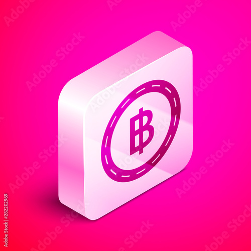 Isometric Cryptocurrency coin Bitcoin icon isolated on pink background. Blockchain technology, bitcoin, digital money market, cryptocoin wallet. Silver square button. Vector Illustration