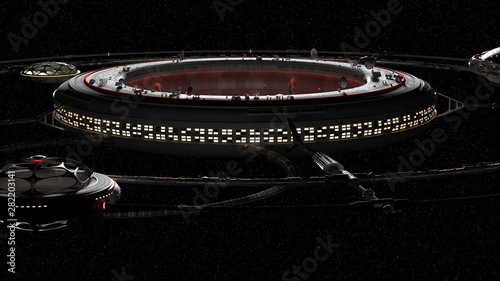 Fototapeta Naklejka Na Ścianę i Meble -  huge space station and spaceships, futuristic habitat in outer space