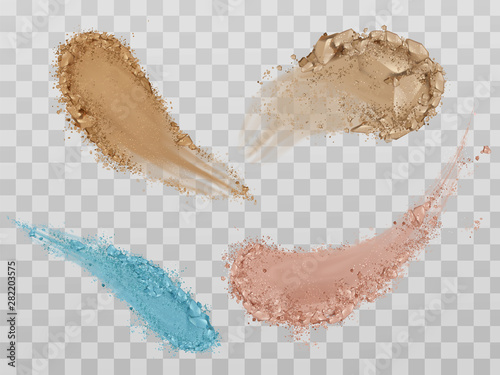 Skin foundation smears, dry powder, eye shadows brush strokes set. Beauty make up cosmetics texture swatch, smudge trace samples isolated on transparent background. Realistic 3d vector illustration