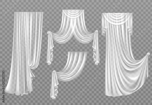 White curtains set isolated on transparent background. Folded cloth for window decoration, soft lightweight clear material, fabric hangings drapery of different forms. Realistic 3d vector illustration