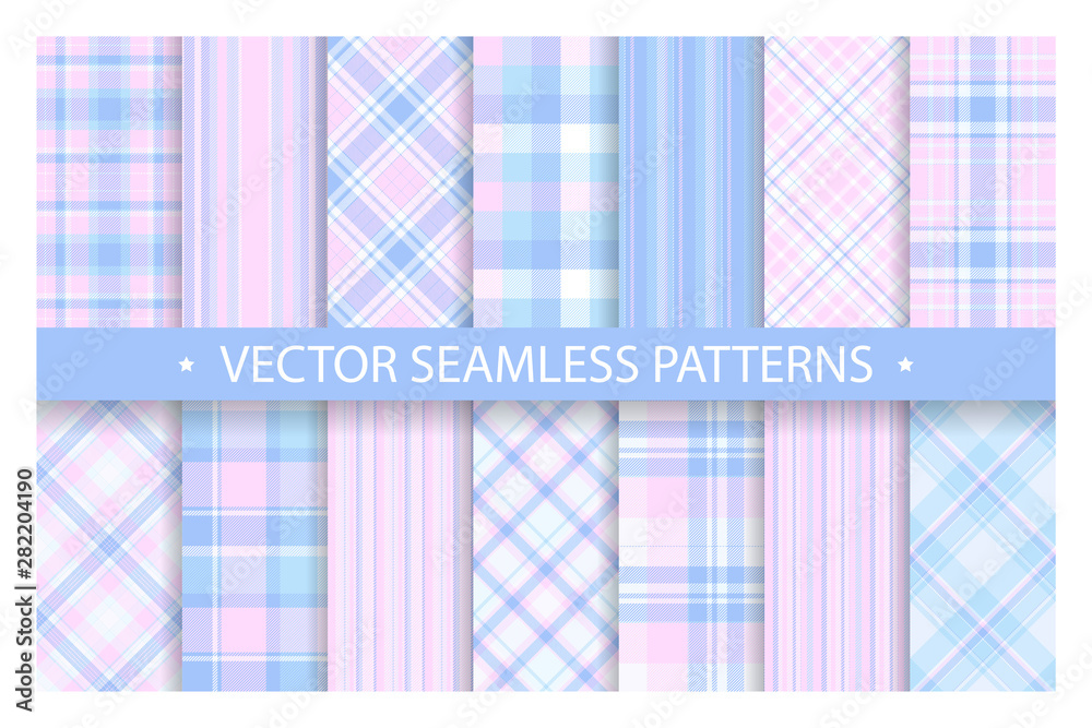 Set plaid pattern seamless. Tartan patterns fabric texture. Checkered geometric vector background. Scottish stripe blanket backdrop