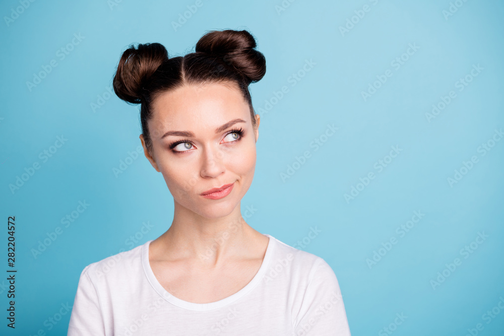 Closeup photo of beautiful lady look empty space not talk to boyfriend wear white casual t-shirt isolated blue background Closeup photo of beautiful lady look empty space not talk to boyfriend wear white casual t-shirt isolated blue background