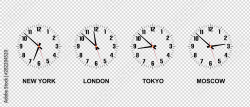 Different Time Zones - New York, London, Tokyo, Moscow - Vector Illustration - Isolated On Transparent Background