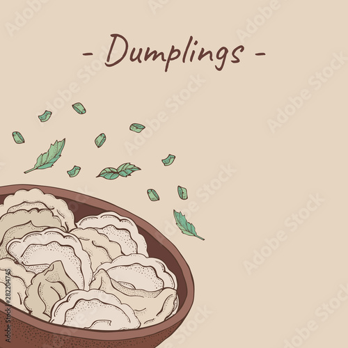 Plate of dumplings background. Cartoon hand drawn Ravioli with spices. Vareniki. Pelmeni. Meat dumplings. Food. Cooking. National dishes. Products from the dough and meat