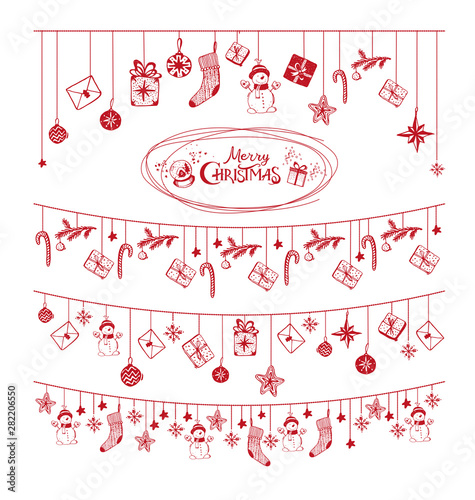 Christmas card with red festive garlands, Christmas toys, stockings, gift boxes, snowmen. Set of winter christmas decoration elements. Doodle stock vector.